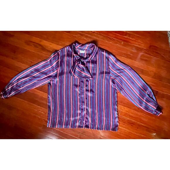 Vintage 70’s Koret Teal Pink Black Striped Secretary Blouse Ruffle Bow Med Large - Picture 1 of 5